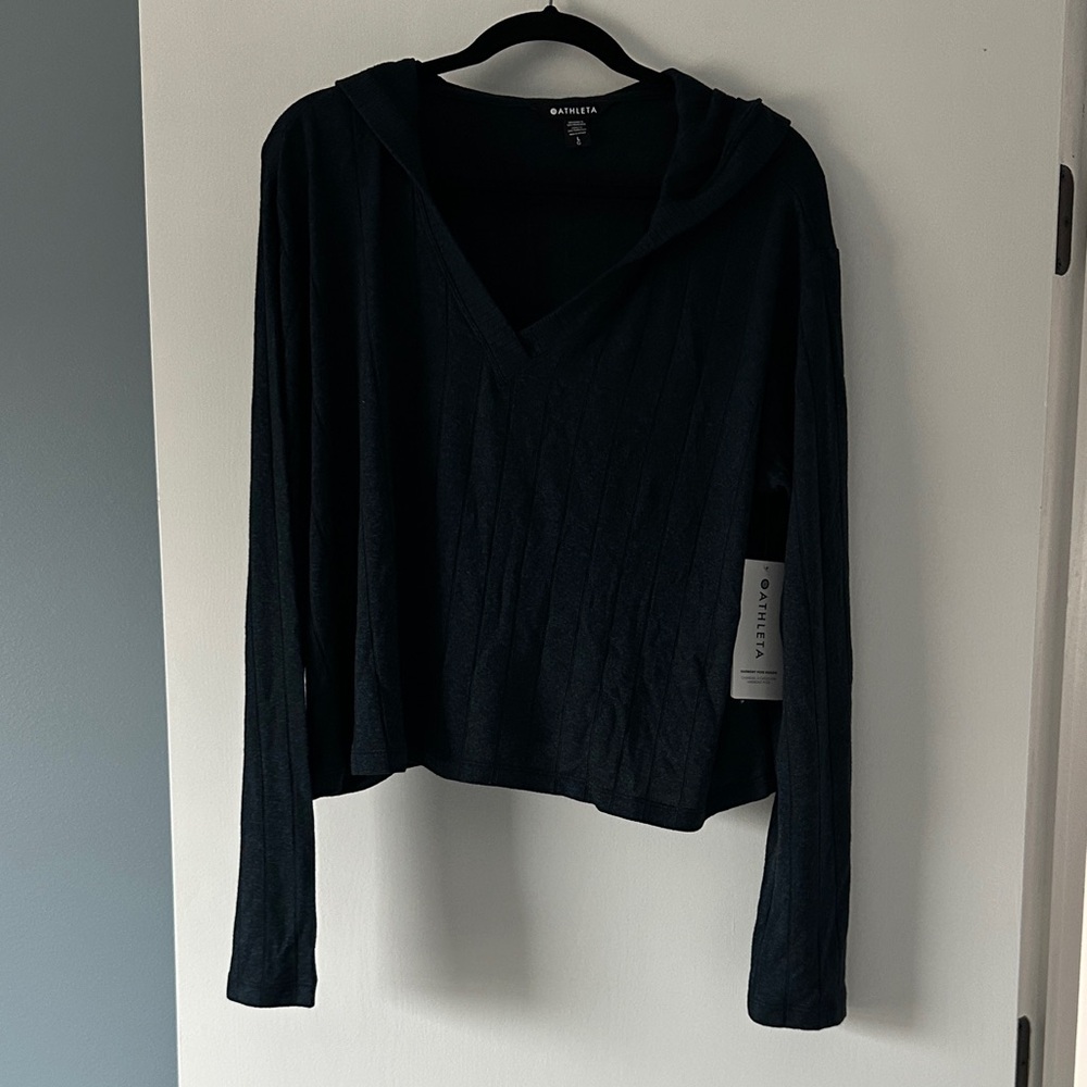 Athleta Black V-Neck Hoodie Sweatshirt